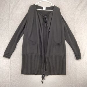 cabi Cardigan Sweater Womens Size L Black Long Open Front Tie Collar Pockets